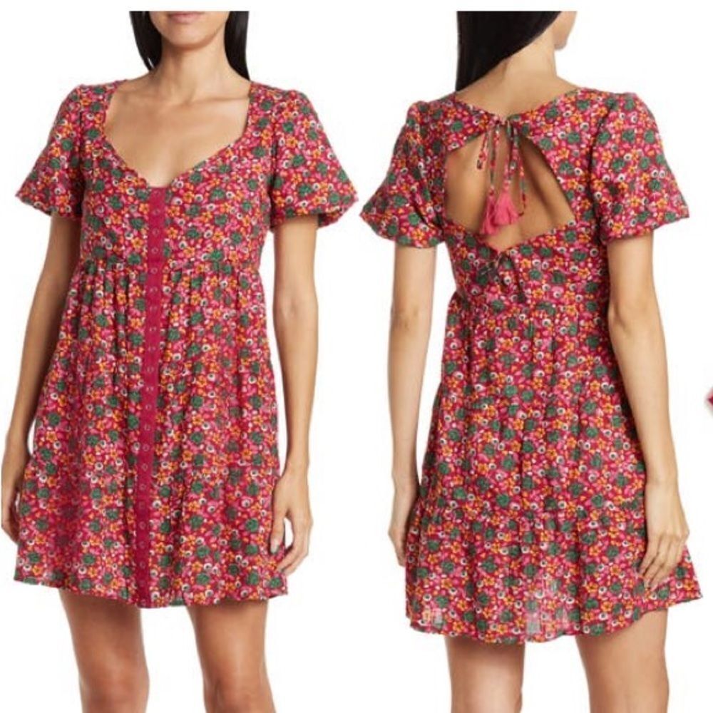 Betsey Johnson Snap-Front Puff Sleeve Mini Dress | Vivacious Pink | Women Large